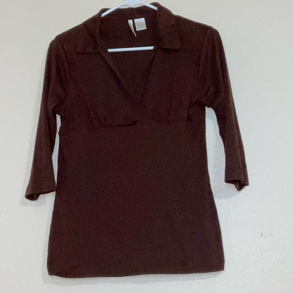 Samantha Chang Deep Brown V-Neck 3/4 Sleeve Blouse